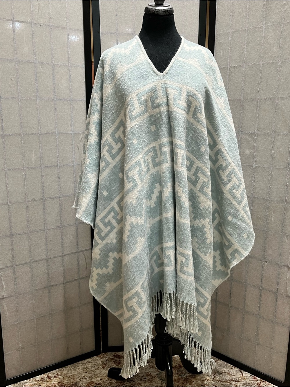 TEX/ALPA Soft Blue & Cream Geometric Poncho – Brand: MADE IN PERU, 66”X 50”